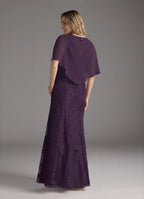Plum Dress Elegant Mermaid Vintage Dress Floor-Length Dress Cape Sleeve Keyhole Back Mother of the Bride Dress