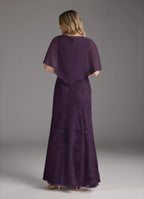 Plum Dress Elegant Mermaid Vintage Dress Floor-Length Dress Cape Sleeve Keyhole Back Mother of the Bride Dress