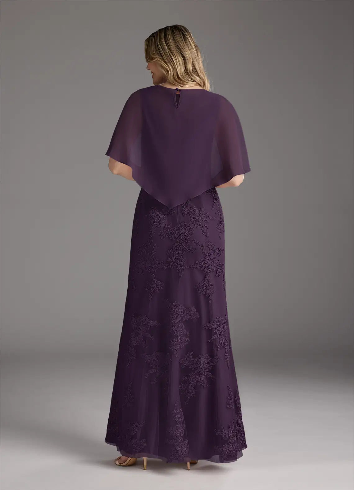 Plum Dress Elegant Mermaid Vintage Dress Floor-Length Dress Cape Sleeve Keyhole Back Mother of the Bride Dress