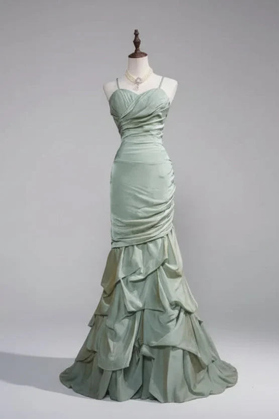 Mermaid Spaghetti Straps Ruched Ruffles Sage Long Prom Dress Hot Sale