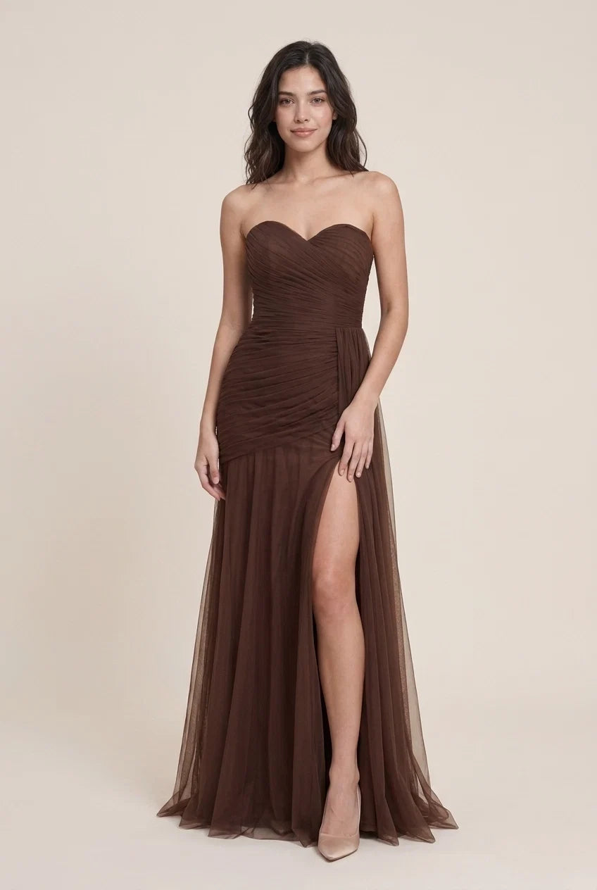 Mermaid Sweetheart Ruched High Slit Chocolate Floor-Length Prom Dress With Streamer