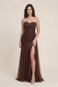 Mermaid Sweetheart Ruched High Slit Chocolate Floor-Length Prom Dress With Streamer