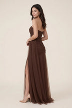 Mermaid Sweetheart Ruched High Slit Chocolate Floor-Length Prom Dress With Streamer