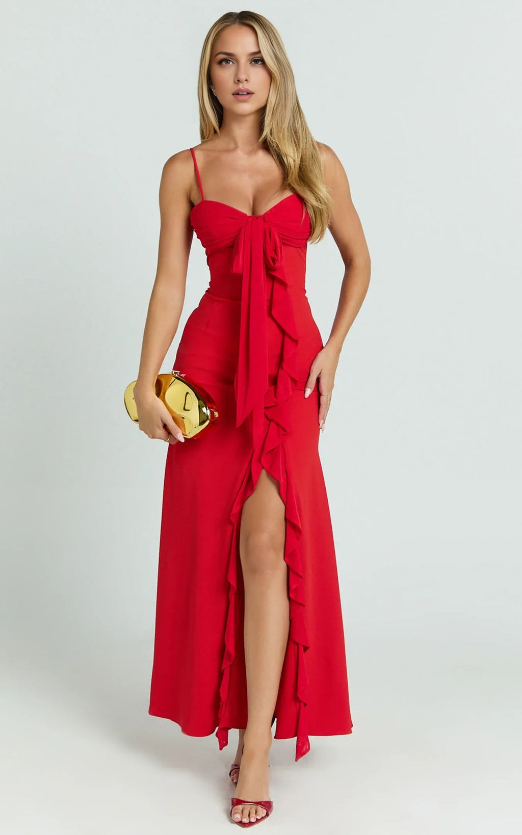 Mermaid Trumpet V Neck Elegant Cut Ruffle Tie Front Prom Dress Ankle-Length Sleeveless Formal Evening Gown Hot Sale Long Evening Dresses