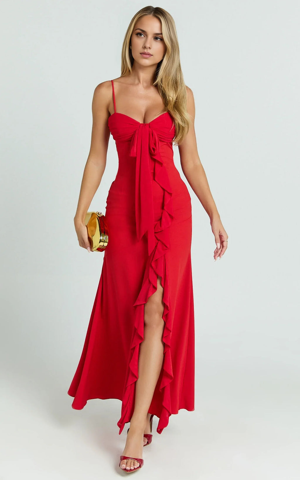 Mermaid Trumpet V Neck Elegant Cut Ruffle Tie Front Prom Dress Ankle-Length Sleeveless Formal Evening Gown Hot Sale Long Evening Dresses