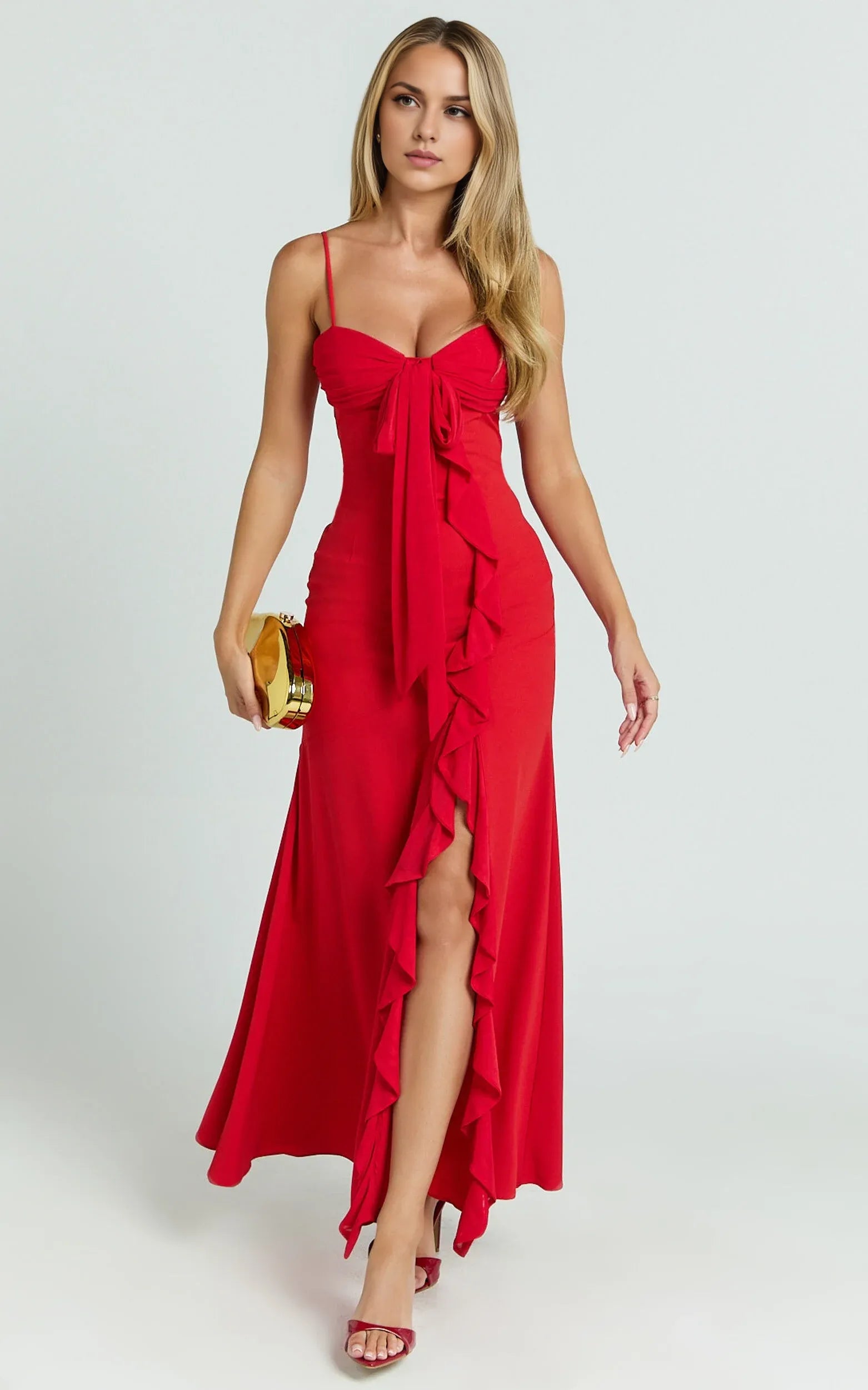 Mermaid Trumpet V Neck Elegant Cut Ruffle Tie Front Prom Dress Ankle-Length Sleeveless Formal Evening Gown Hot Sale Long Evening Dresses