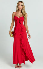 Mermaid Trumpet V Neck Elegant Cut Ruffle Tie Front Prom Dress Ankle-Length Sleeveless Formal Evening Gown Hot Sale Long Evening Dresses