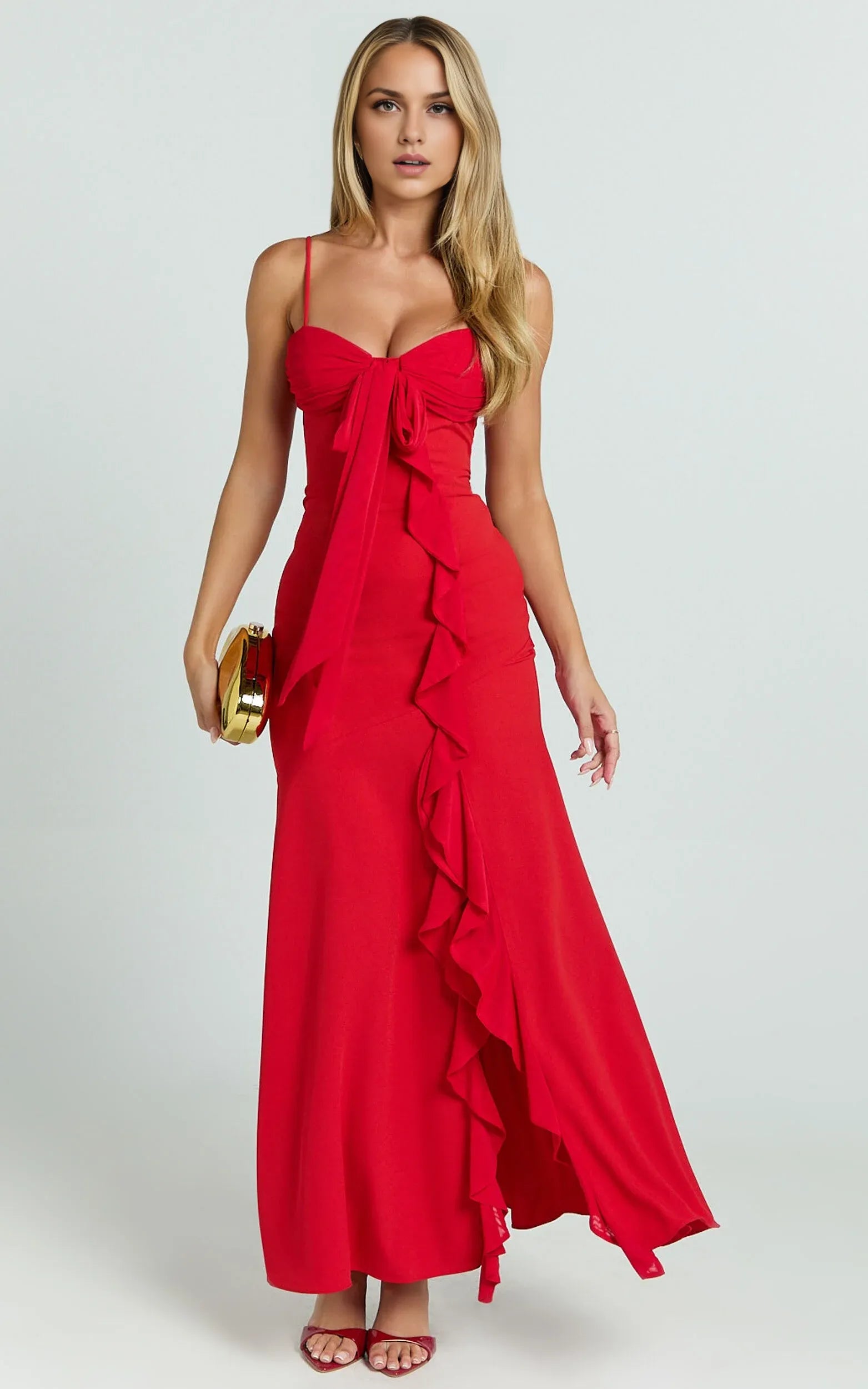 Mermaid Trumpet V Neck Elegant Cut Ruffle Tie Front Prom Dress Ankle-Length Sleeveless Formal Evening Gown Hot Sale Long Evening Dresses
