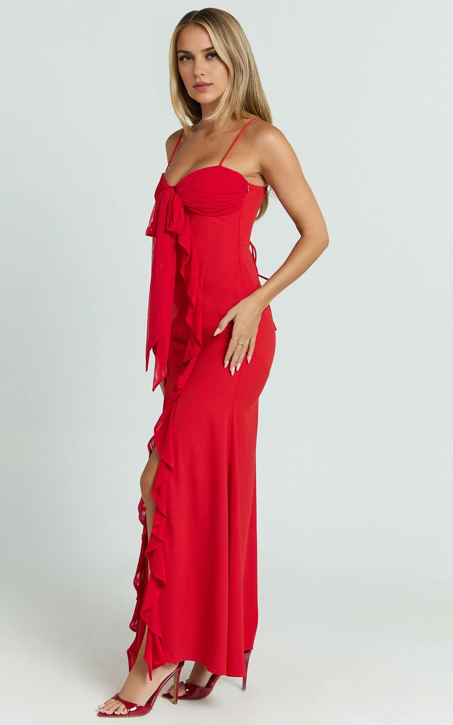 Mermaid Trumpet V Neck Elegant Cut Ruffle Tie Front Prom Dress Ankle-Length Sleeveless Formal Evening Gown Hot Sale Long Evening Dresses