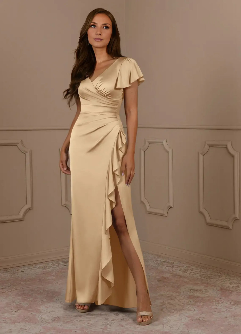 Dress Champagne Mermaid V-Neck Pleated Mother Of The Bride Evening Dress Fashion Flutter Sleeve Mother Of The Groom Dresses