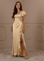 Dress Champagne Mermaid V-Neck Pleated Mother Of The Bride Evening Dress Fashion Flutter Sleeve Mother Of The Groom Dresses