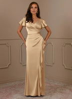 Dress Champagne Mermaid V-Neck Pleated Mother Of The Bride Evening Dress Fashion Flutter Sleeve Mother Of The Groom Dresses