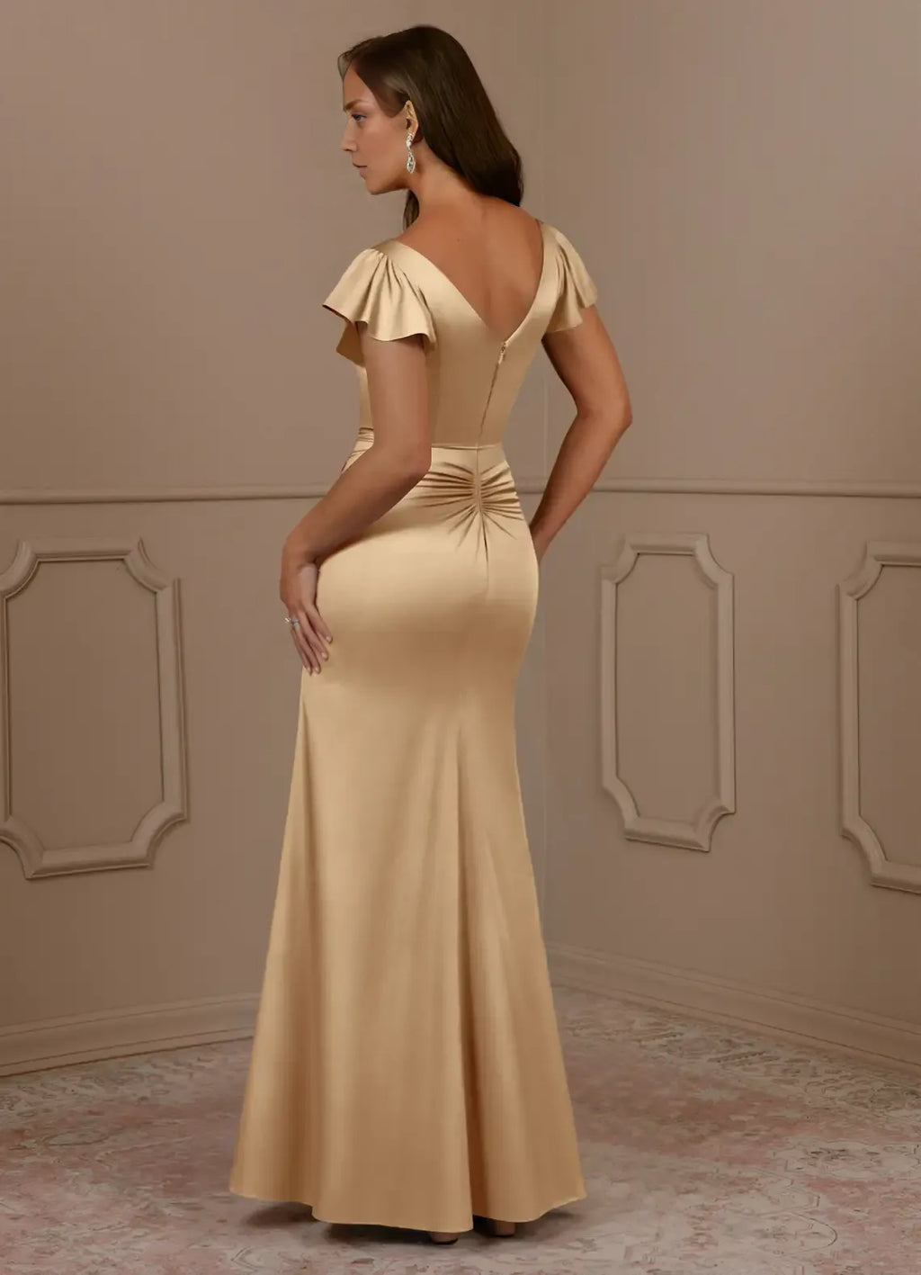Dress Champagne Mermaid V-Neck Pleated Mother Of The Bride Evening Dress Fashion Flutter Sleeve Mother Of The Groom Dresses