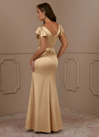 Dress Champagne Mermaid V-Neck Pleated Mother Of The Bride Evening Dress Fashion Flutter Sleeve Mother Of The Groom Dresses