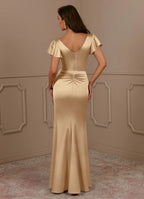 Dress Champagne Mermaid V-Neck Pleated Mother Of The Bride Evening Dress Fashion Flutter Sleeve Mother Of The Groom Dresses