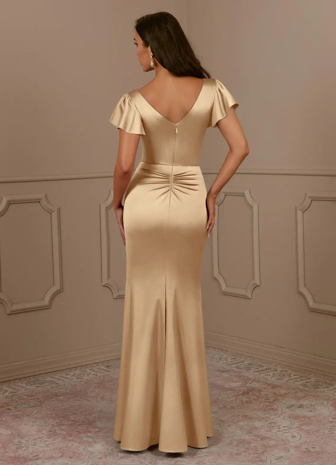Dress Champagne Mermaid V-Neck Pleated Mother Of The Bride Evening Dress Fashion Flutter Sleeve Mother Of The Groom Dresses