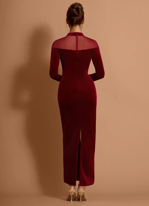 Robe de bal moulante en velours à empiècements en maille, col montant, manches longues, fermeture éclair au dos, longueur midi, vente chaude