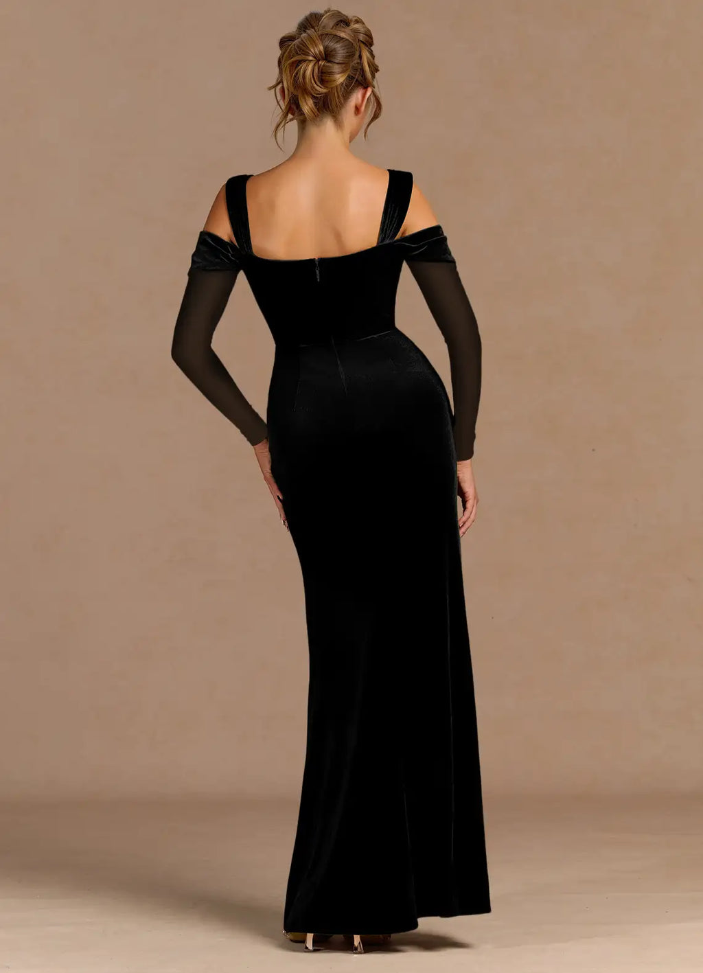 Mesh Sleeve Velvet Mermaid Off The Shoulder Ruched Zipper Back Floor Length Female Prom Dress