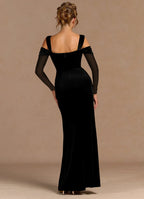 Mesh Sleeve Velvet Mermaid Off The Shoulder Ruched Zipper Back Floor Length Female Prom Dress