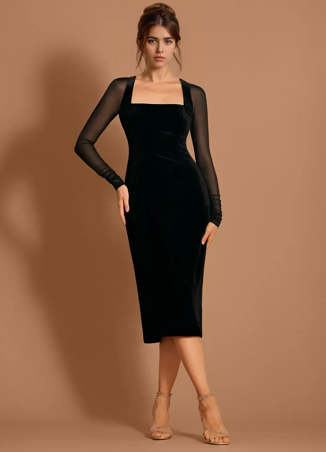 Mesh Sleeve Velvet Sheath Square Neck Keyhole Back Midi Length For Sale Prom Dress