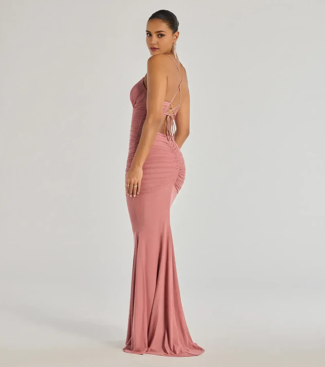 Mesmerizing Mermaid Plunge Neck Spaghetti Strap Lace Up Back Floor Length Prom Dress