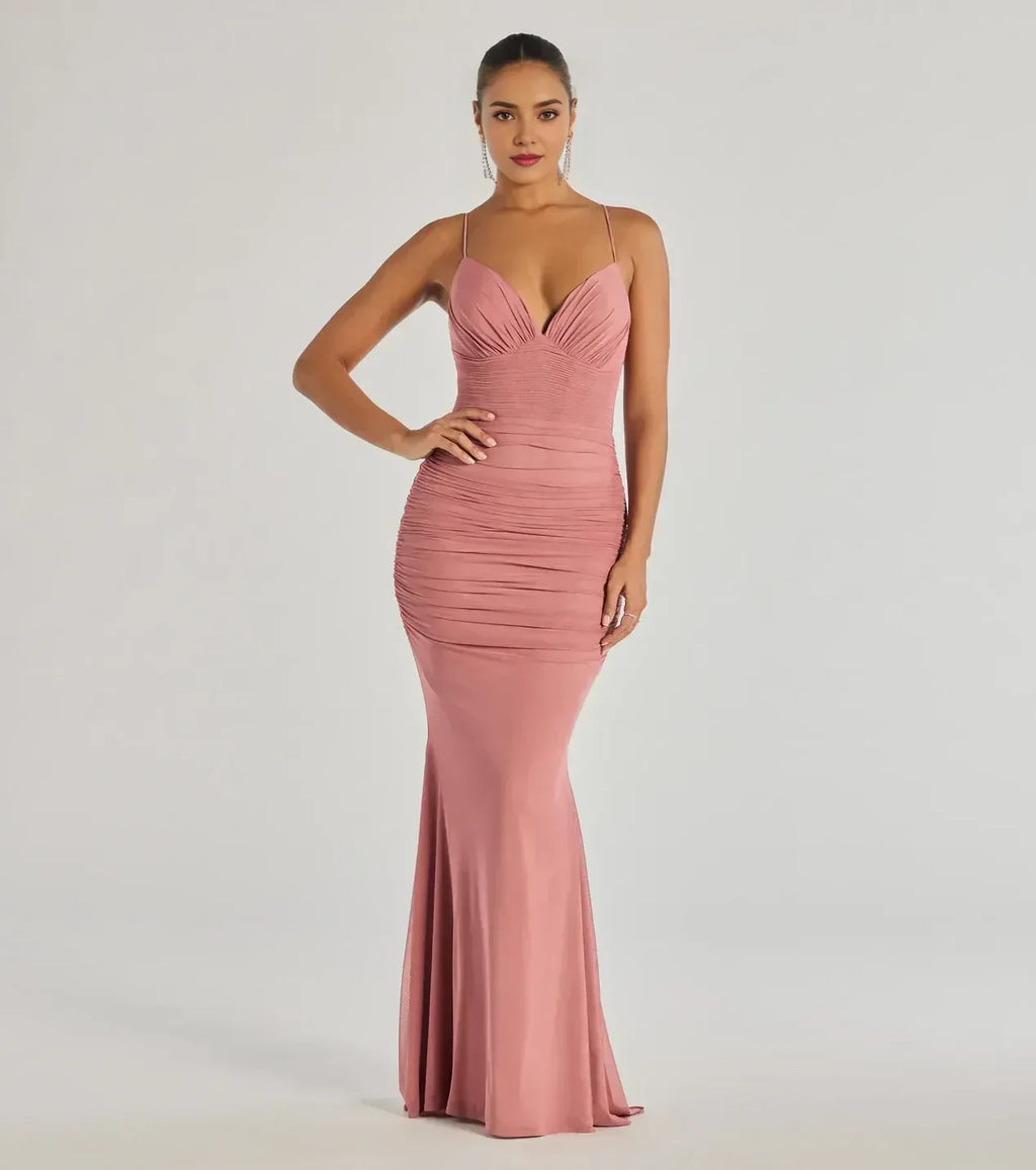 Mesmerizing Mermaid Plunge Neck Spaghetti Strap Lace Up Back Floor Length Prom Dress