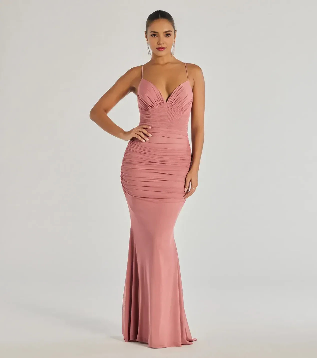Mesmerizing Mermaid Plunge Neck Spaghetti Strap Lace Up Back Floor Length Prom Dress