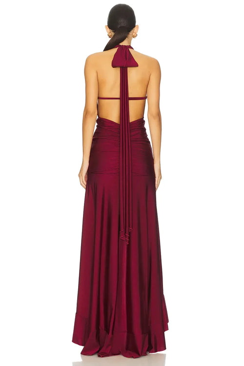 Robe de soirée longue envoûtante fourreau à dos nu et lien à nouer