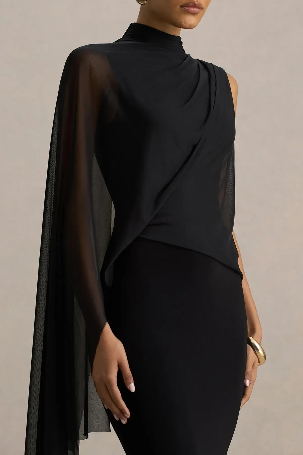 Mesmerizing Sheath High Neck Draped Sleeve Open Back Floor Length Evening Dress