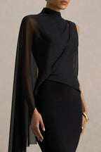 Mesmerizing Sheath High Neck Draped Sleeve Open Back Floor Length Evening Dress