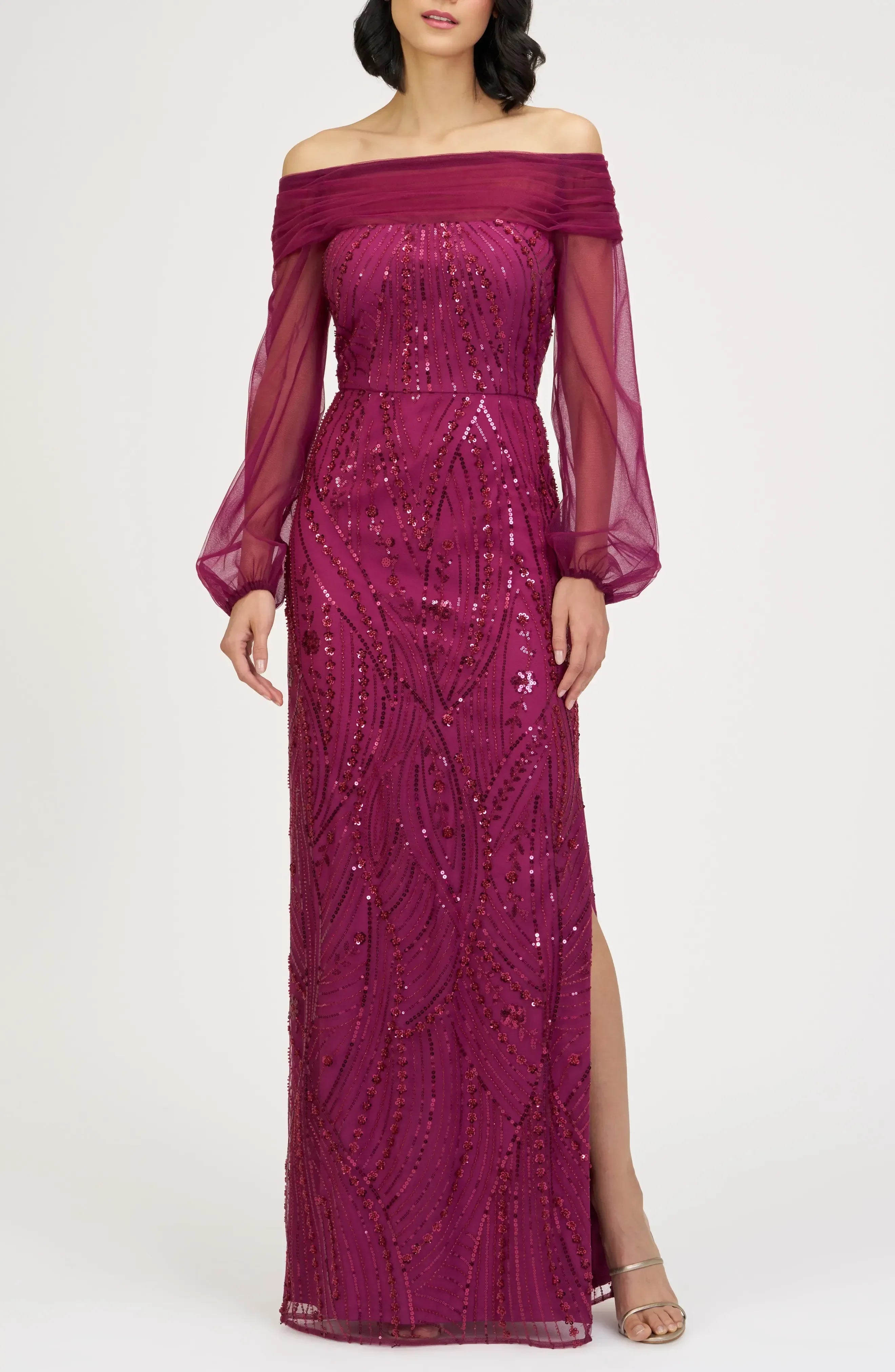 Mesmerizing Sheath Off The Shoulder Long Sleeve Zipper Back Floor Length Evening Dress