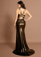 Metallic Ruched Mermaid Sweetheart Sleeveless Crisscross Open Back Train Floor Length Female Prom Dress