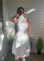 White Minimal A-Line Halter Sleeveless Tiered Ruffle Short Homecoming Dress