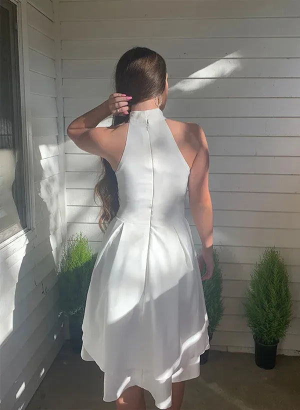 White Minimal A-Line Halter Sleeveless Tiered Ruffle Short Homecoming Dress