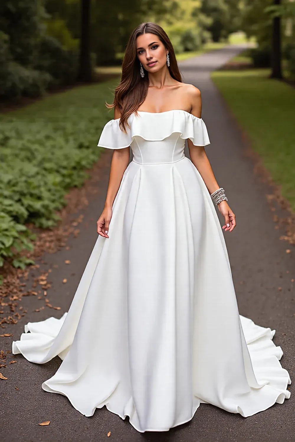 Minimalist A-Line Off the Shoulder Sleeveless Sweep Train Wedding Dress