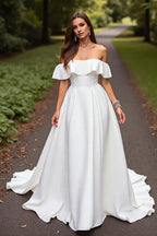 Minimalist A-Line Off the Shoulder Sleeveless Sweep Train Wedding Dress