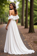 Minimalist A-Line Off the Shoulder Sleeveless Sweep Train Wedding Dress
