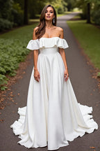 Minimalist A-Line Off the Shoulder Sleeveless Sweep Train Wedding Dress