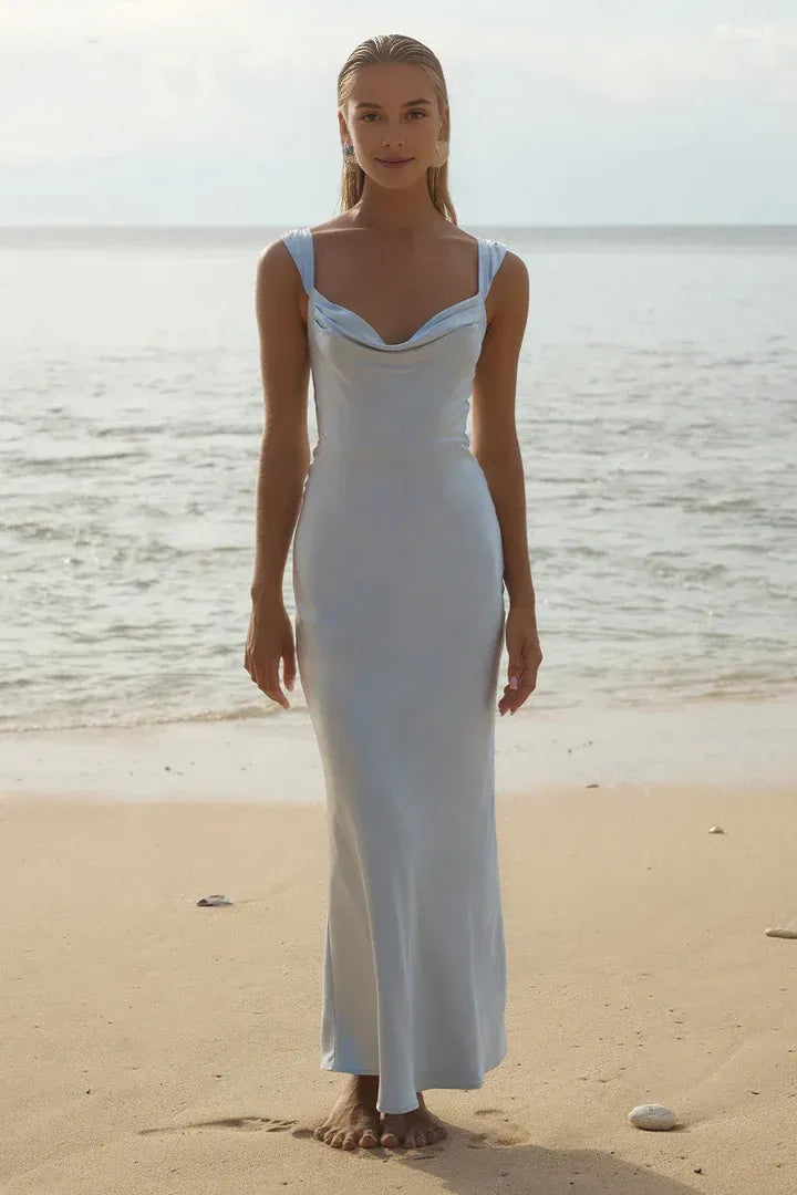 Minimalist Fitted Cowl Neck Sleeveless Ankle-Length Prom Dress
