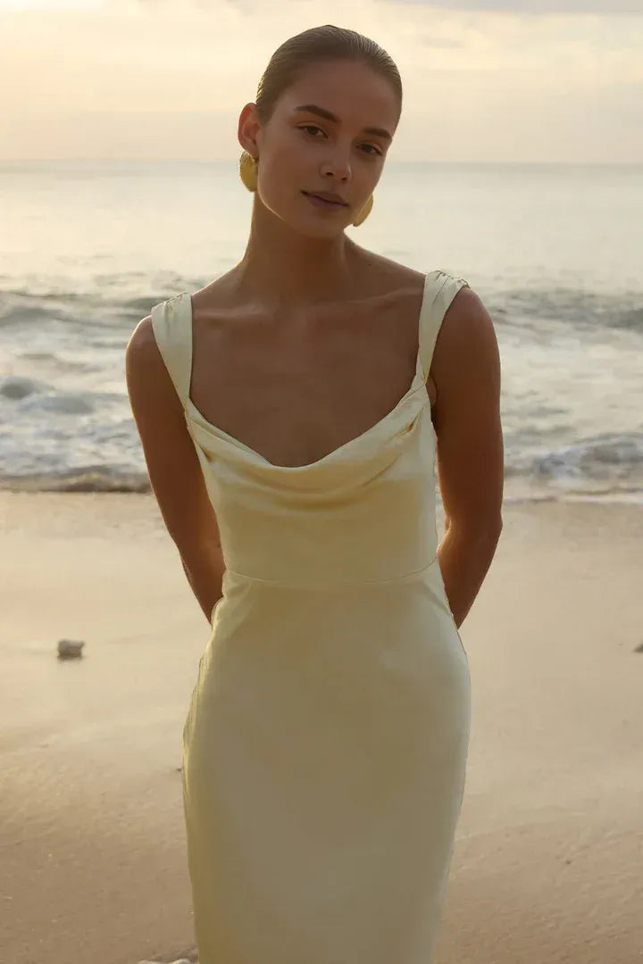 Minimalist Fitted Cowl Neck Sleeveless Ankle-Length Prom Dress