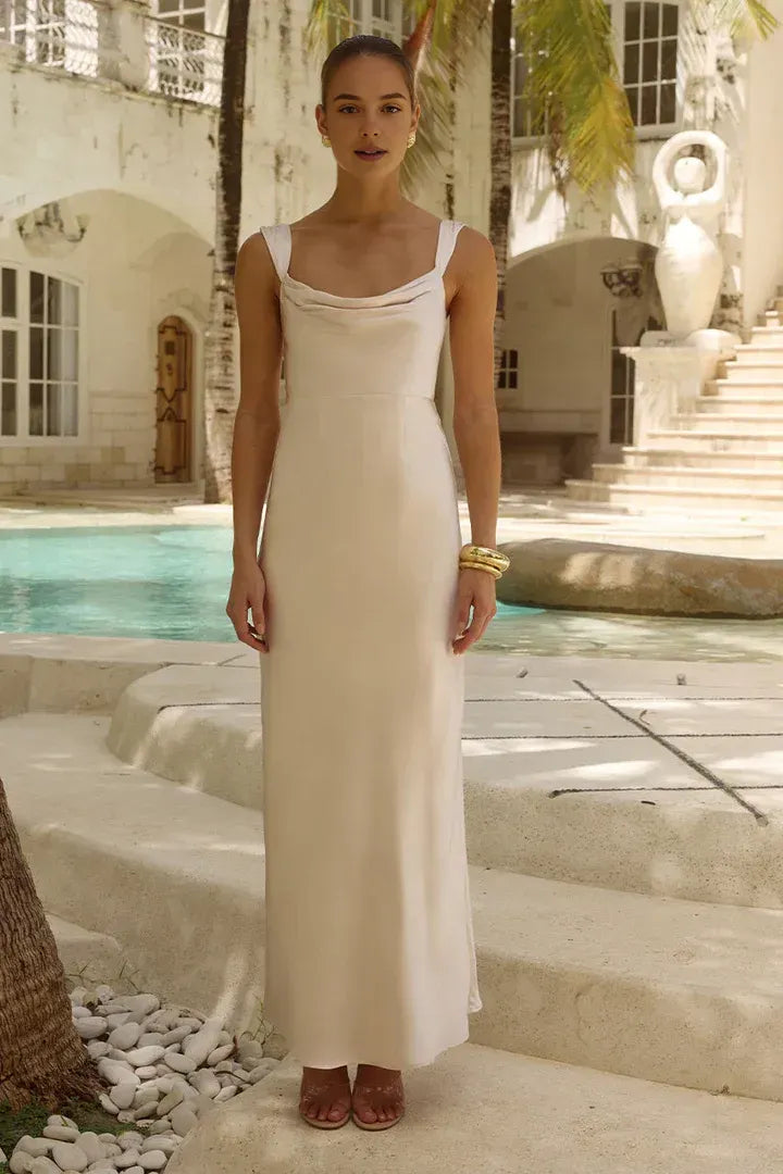Minimalist Fitted Cowl Neck Sleeveless Ankle-Length Prom Dress