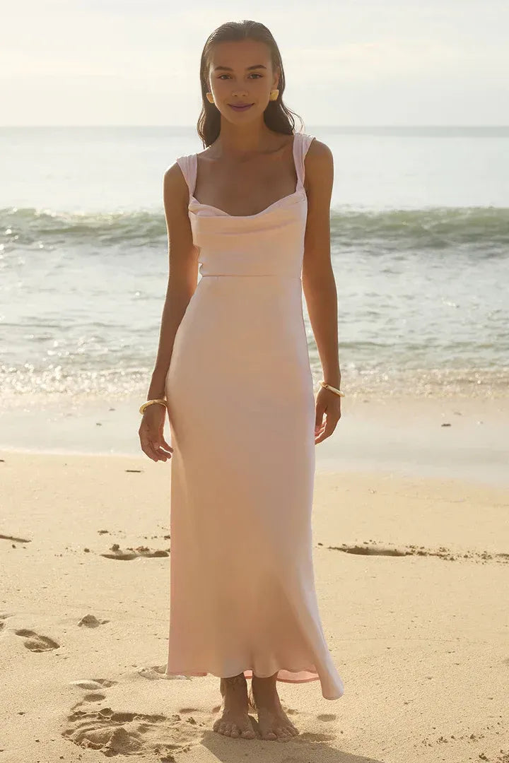 Minimalist Fitted Cowl Neck Sleeveless Ankle-Length Prom Dress
