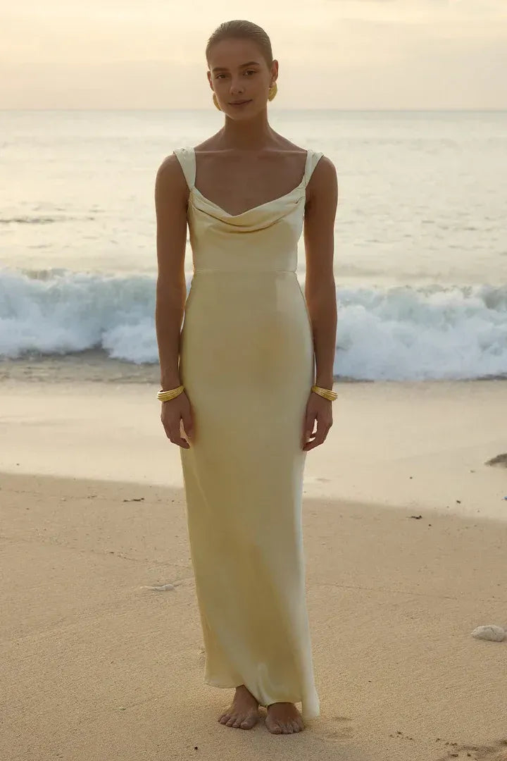 Minimalist Fitted Cowl Neck Sleeveless Ankle-Length Prom Dress