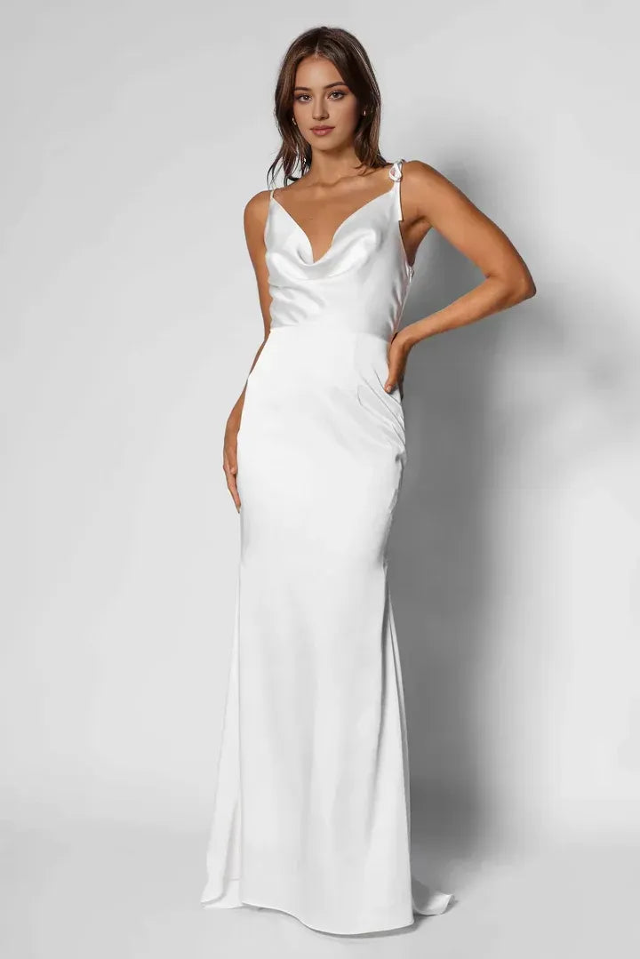 Minimalist Fitted Cowl Neck Sleeveless Floor-Length Wedding Dress