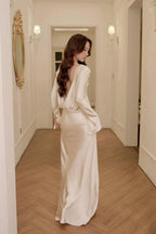Minimalist Mermaid Boat-Neck Long Sleeves Cowl Back Champagne Long Prom Dress