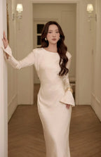 Minimalist Mermaid Boat-Neck Long Sleeves Cowl Back Champagne Long Prom Dress