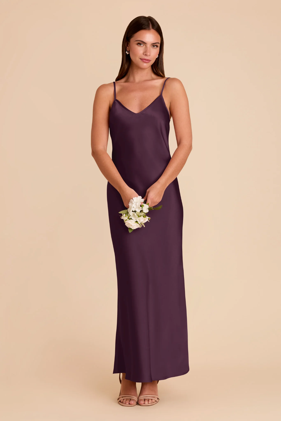 Minimalist Satin Slip Bridesmaid Dress with Adjustable Spaghetti Straps and V-Back
