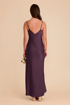 Minimalist Satin Slip Bridesmaid Dress with Adjustable Spaghetti Straps and V-Back