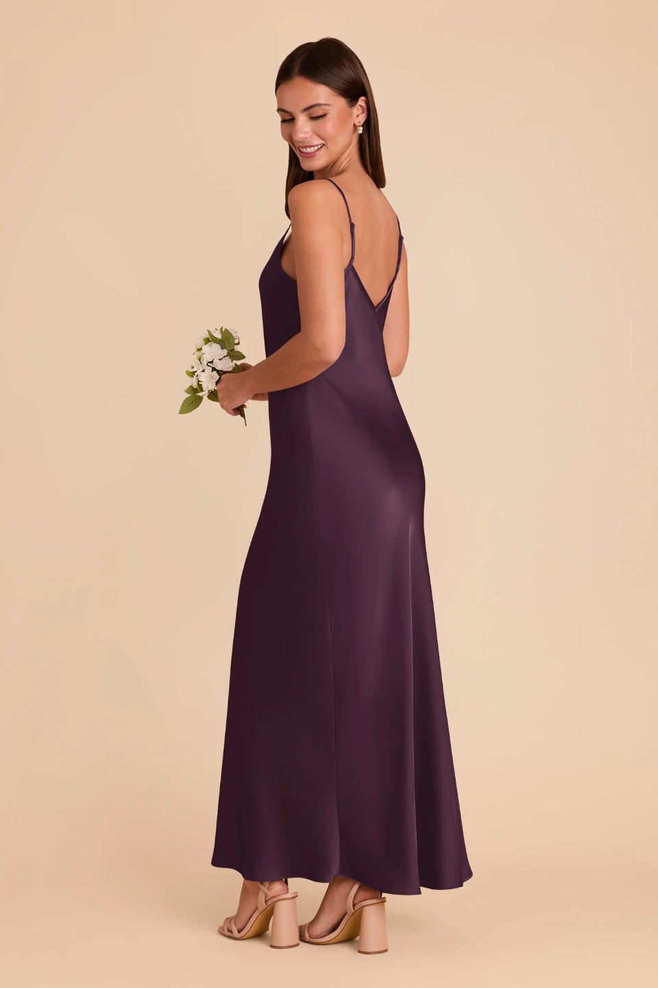 Minimalist Satin Slip Bridesmaid Dress with Adjustable Spaghetti Straps and V-Back