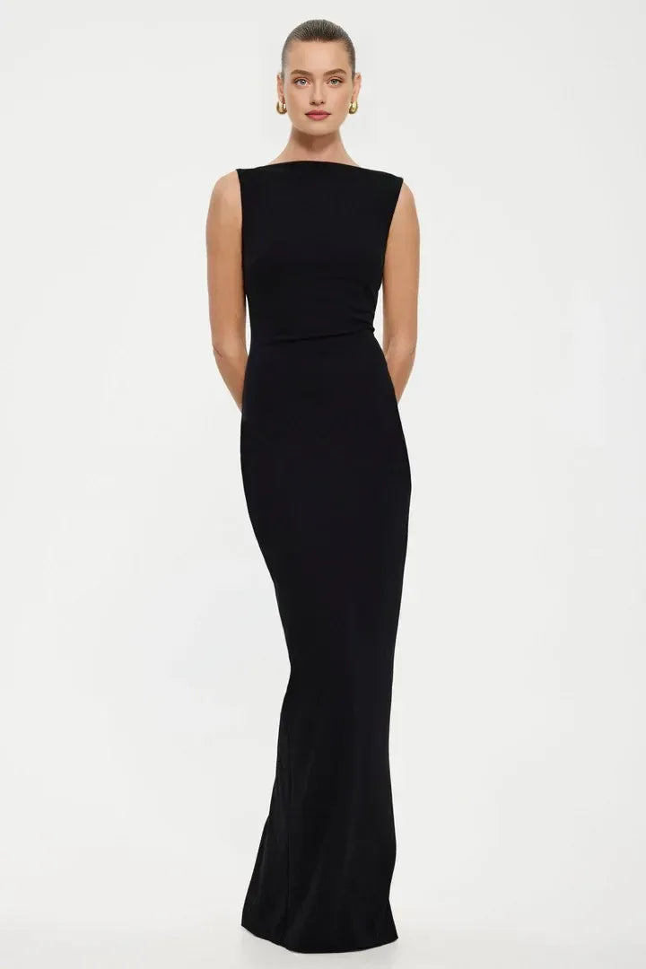 Minimalist Sheath/Column Boat Neck Sleeveless Backless Floor-Length Prom Dress
